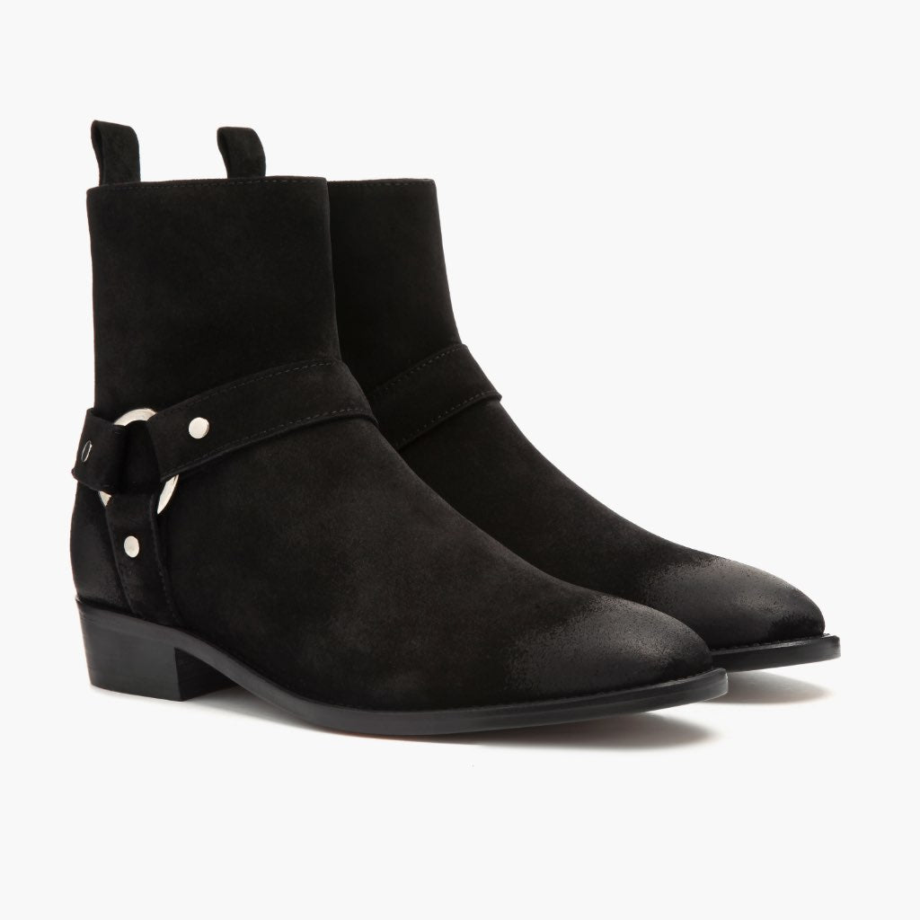 Harness Zwart Suede Leren laarzen voor Heren in Black Goatskin Suede - Zijaanzicht | Online kopen