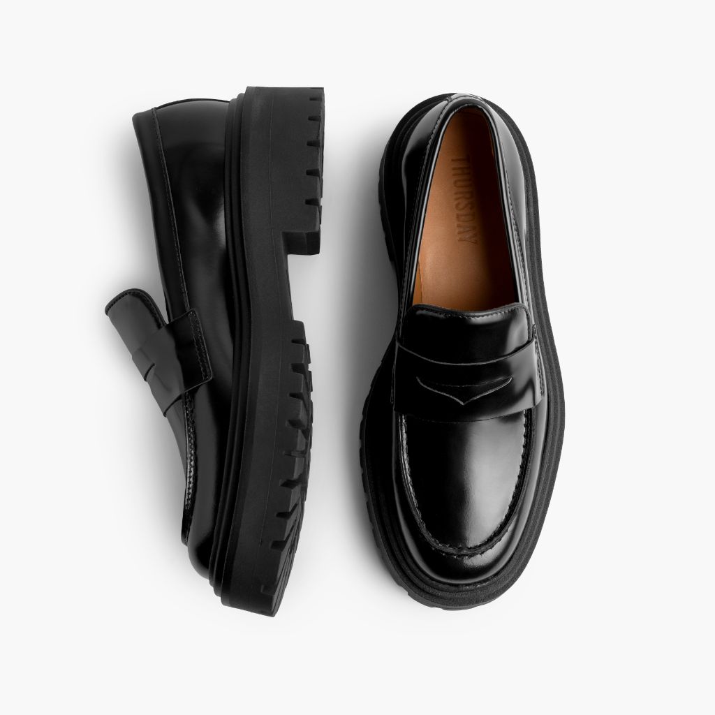 Penny Platform Zwart Leren loafers voor Dames - Versterkte hielkap & precisie dubbele stiksels