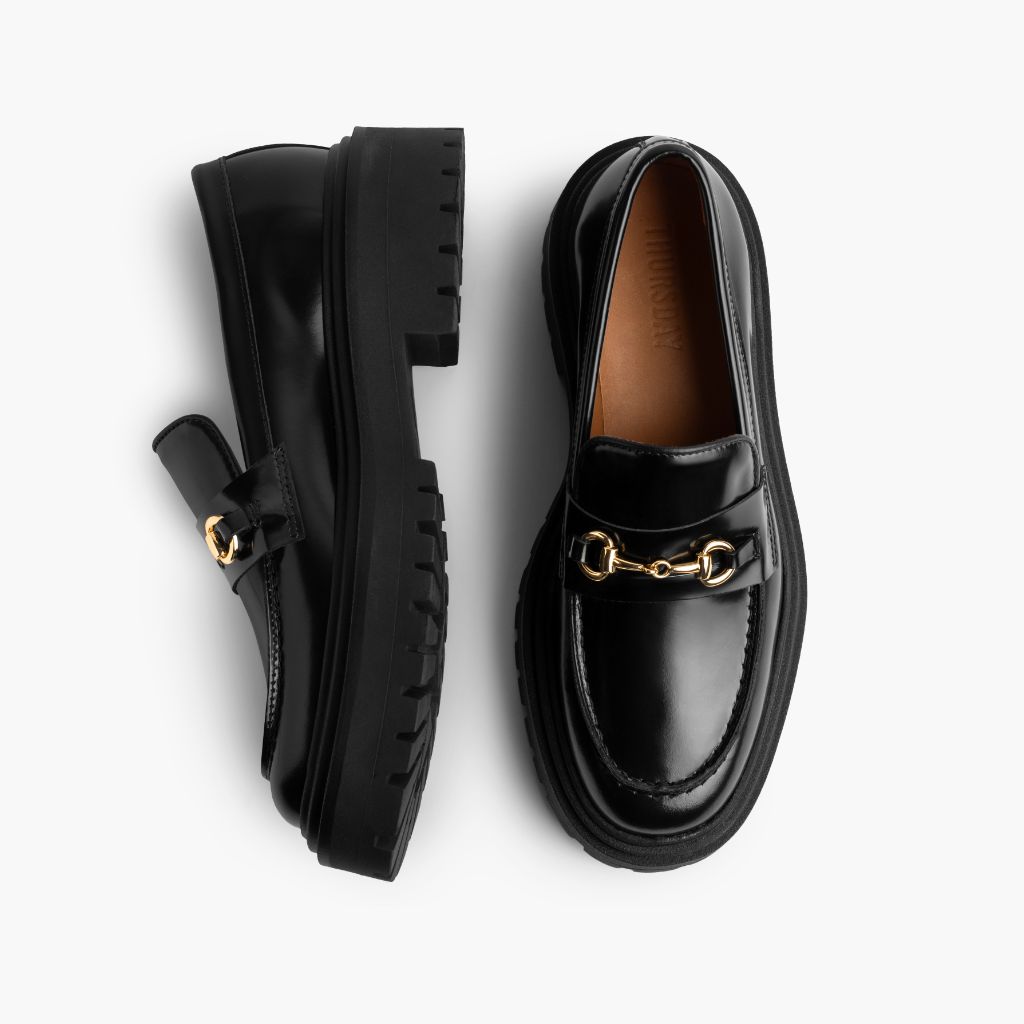 Penny Platform Zwart & Gold Leren loafers voor Dames - Versterkte hielkap & precisie dubbele stiksels