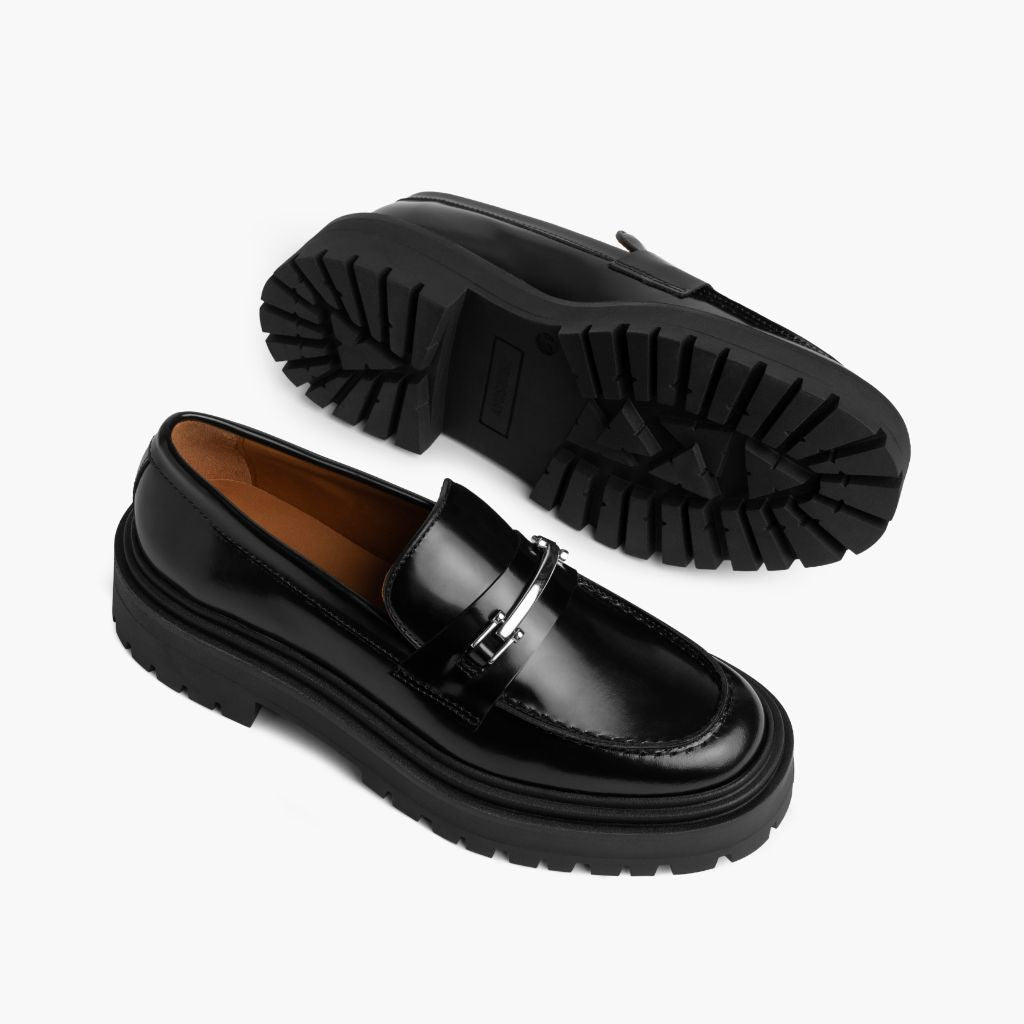 High-Traction Rubber Outsole & Lug Tread Pattern on Penny Platform Zwart & Silver Leren loafers voor Dames