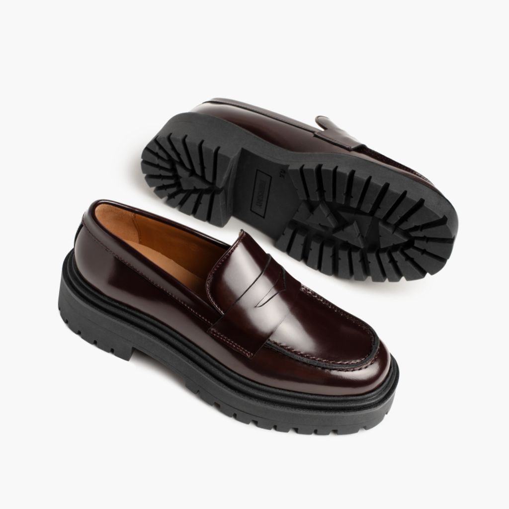 High-Traction Rubber Outsole & Lug Tread Pattern on Penny Platform Bordeauxrood Leren laarzen voor Dames
