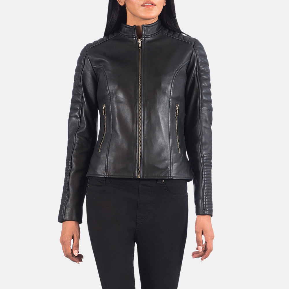 
Black Sheepskin Leather Biker Jacket - Achteraanzicht met getailleerde schouders & strakke zoom
