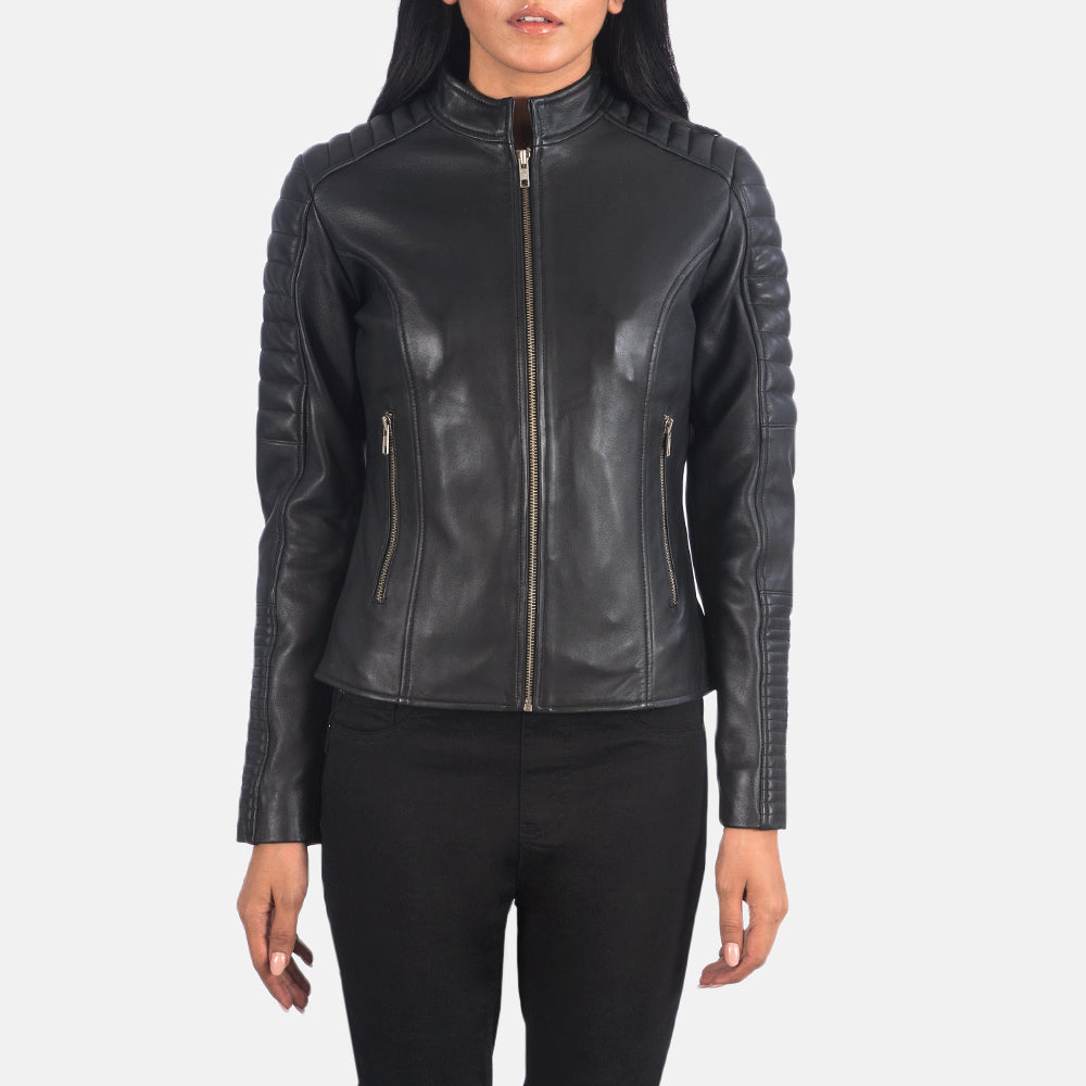
Detailopname of Band & Zipper Hardware on Adalyn Gewatteerd Zwart Leren Bikerjack voor Dames