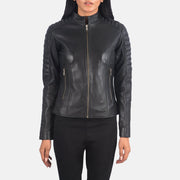 
Detailopname of Band & Zipper Hardware on Adalyn Gewatteerd Zwart Leren Bikerjack voor Dames
