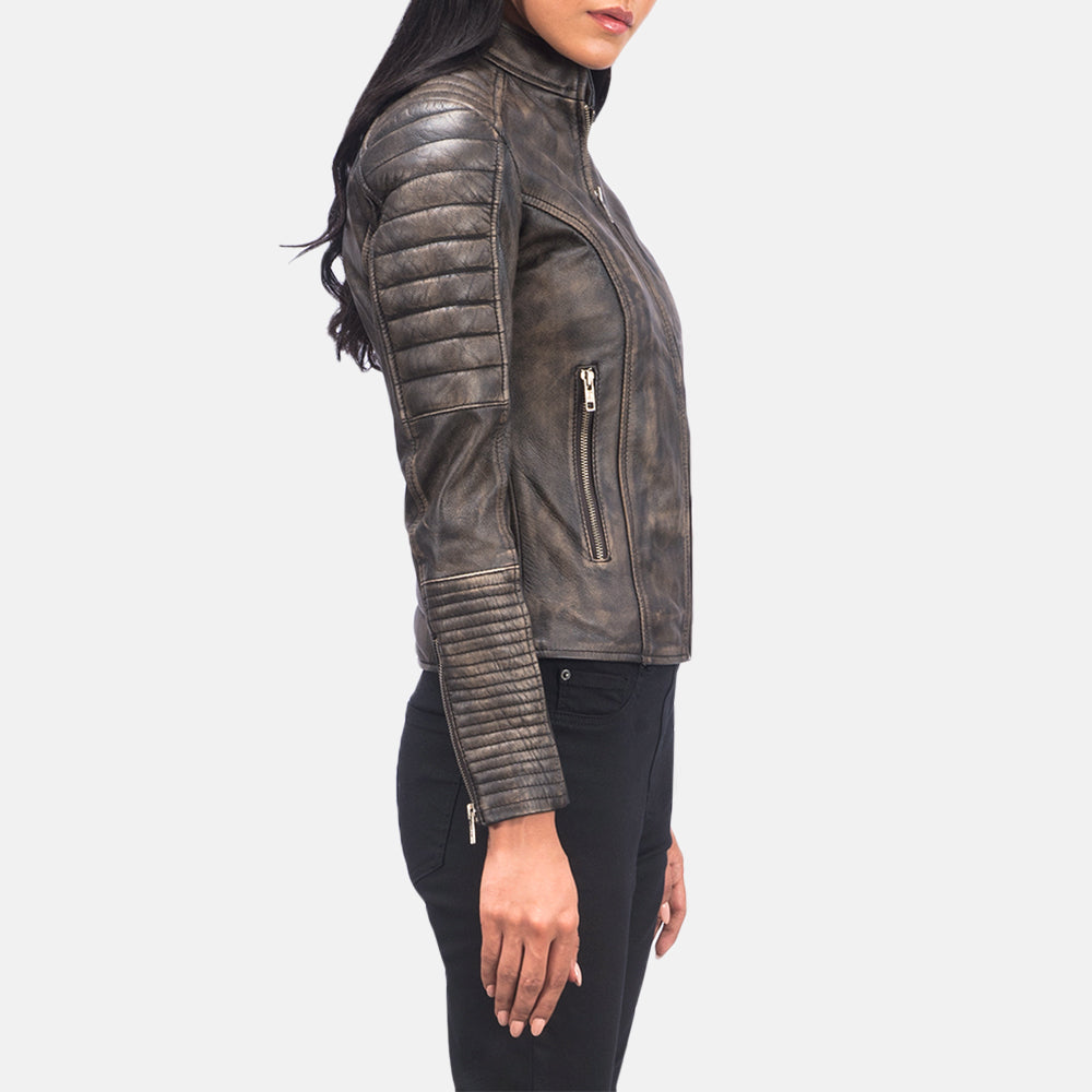 
Distressed Brown Goatskin Leather Biker Jacket - Achteraanzicht met getailleerde schouders & strakke zoom