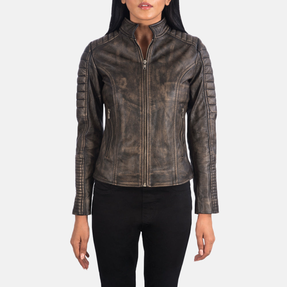 
Detailopname of Band & Zipper Hardware on Adalyn Gewatteerd Distressed Bruin Leren Bikerjack voor Dames