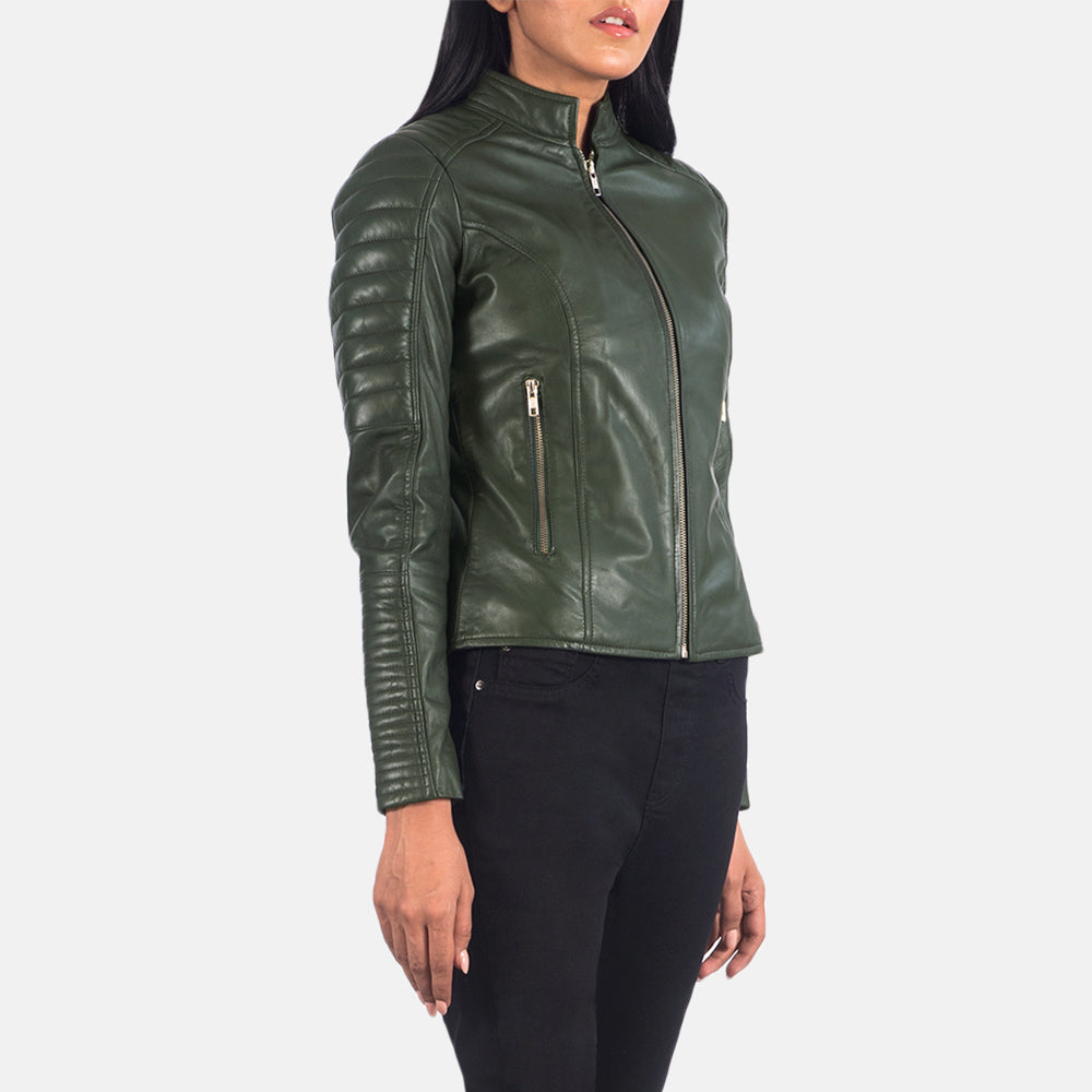 
Green Sheepskin Leather Biker Jacket - Achteraanzicht met getailleerde schouders & strakke zoom