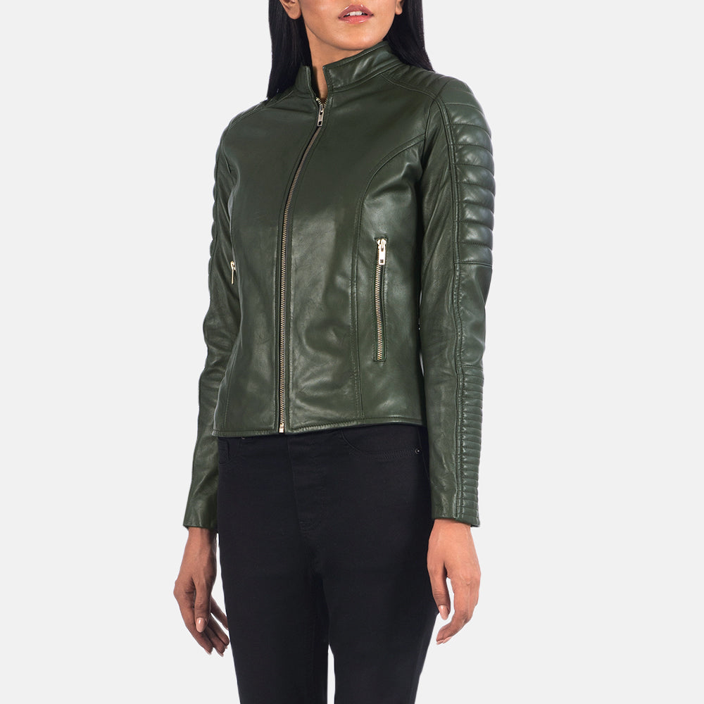 
Detailopname of Band & Zipper Hardware on Adalyn Gewatteerd Groen Leren Bikerjack voor Dames