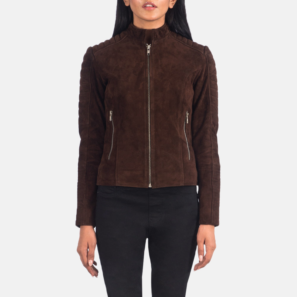 Women's Adalyn Gewatteerd Mocha Suede Leren Bikerjack voor Dames in Mocha Brown Goatskin Suede - Front Profile View &amp; Tailored Silhouette | Buy Online