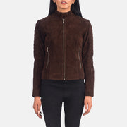 Women's Adalyn Gewatteerd Mocha Suede Leren Bikerjack voor Dames in Mocha Brown Goatskin Suede - Front Profile View &amp; Tailored Silhouette | Buy Online