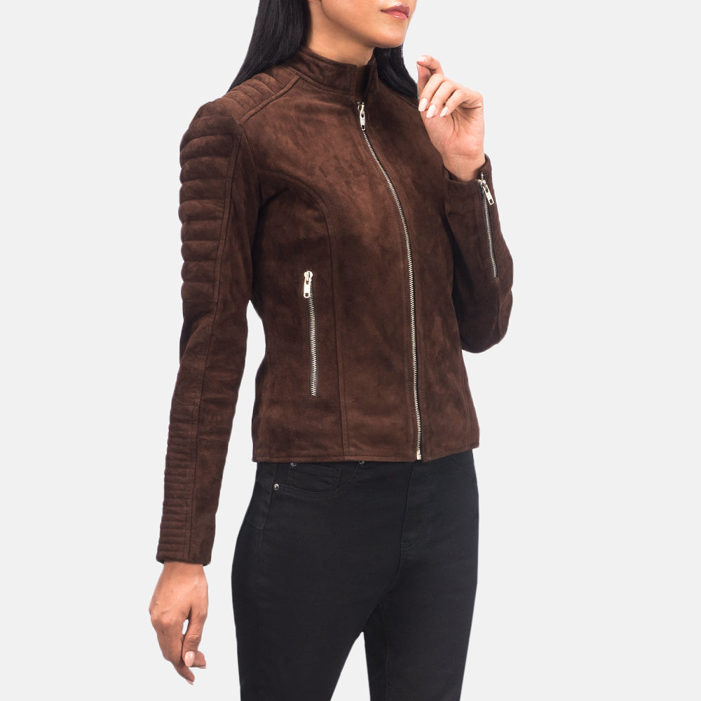 Women's Adalyn Gewatteerd Mocha Suede Leren Bikerjack voor Dames - Lateral Side Profile View Showing Sleeve Cut &amp; Athletic Taper Fit