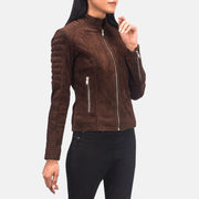 Women's Adalyn Gewatteerd Mocha Suede Leren Bikerjack voor Dames - Lateral Side Profile View Showing Sleeve Cut &amp; Athletic Taper Fit