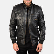Men's Agent Shadow Zwart Leren Bomberjack voor Heren in Black Sheepskin Leather - Front Profile View &amp; Tailored Silhouette | Buy Online