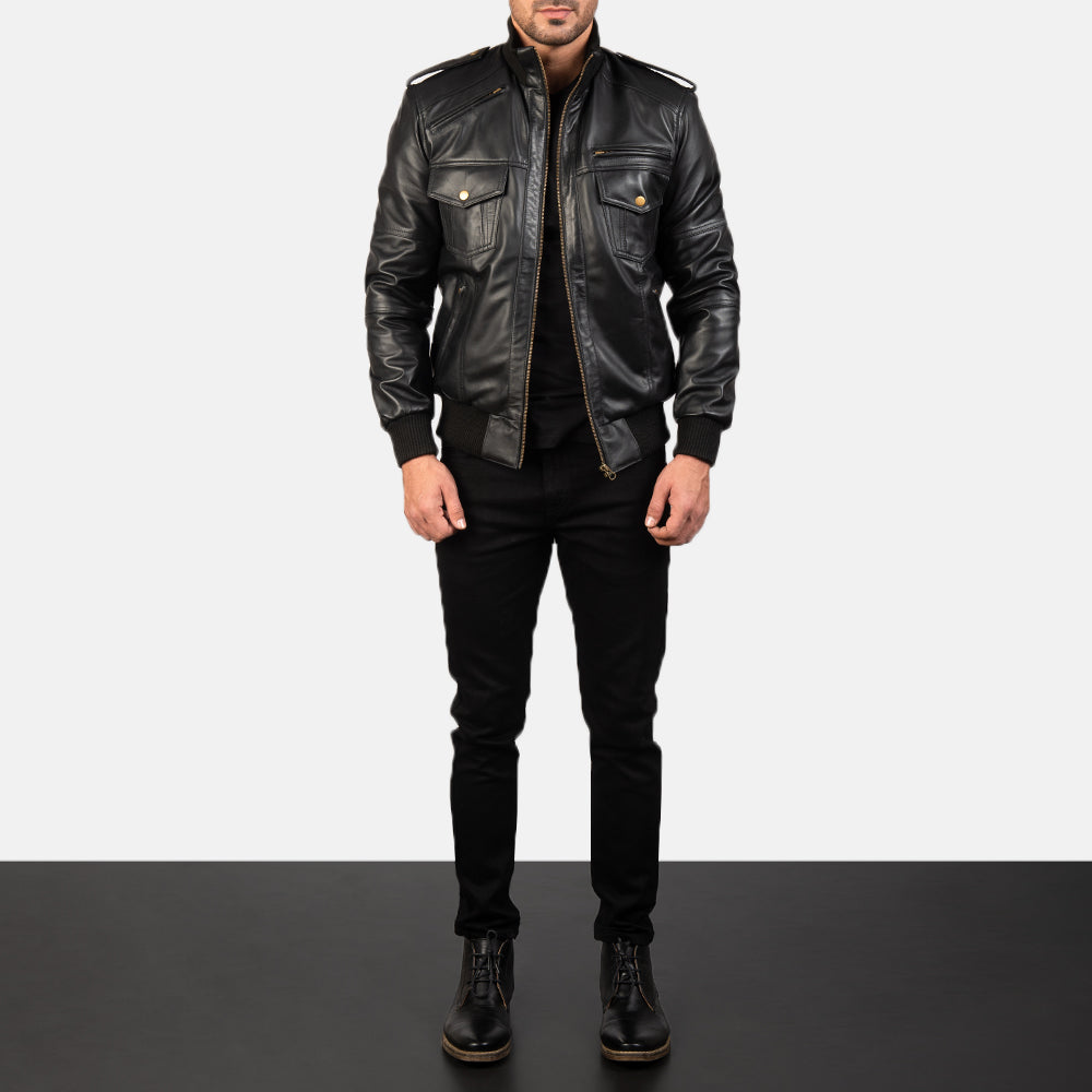 Men's Agent Shadow Zwart Leren Bomberjack voor Heren - Lateral Side Profile View Showing Sleeve Cut &amp; Athletic Taper Fit
