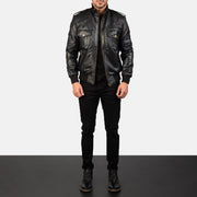 Men's Agent Shadow Zwart Leren Bomberjack voor Heren - Lateral Side Profile View Showing Sleeve Cut &amp; Athletic Taper Fit