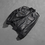 Styled Fit Perspective of Men's Agent Shadow Zwart Leren Bomberjack voor Heren on Model - Natural Daylight Drape