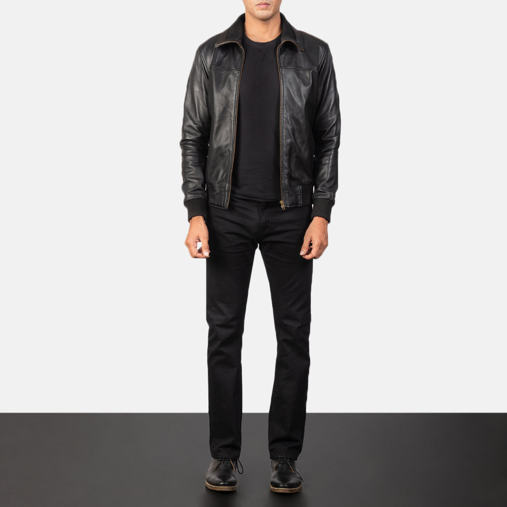 Men's Air Rolf Zwart Leren Bomberjack voor Heren - Lateral Side Profile View Showing Sleeve Cut &amp; Athletic Taper Fit