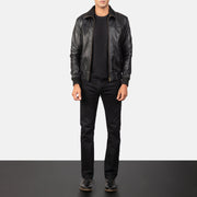 Men's Air Rolf Zwart Leren Bomberjack voor Heren - Lateral Side Profile View Showing Sleeve Cut &amp; Athletic Taper Fit