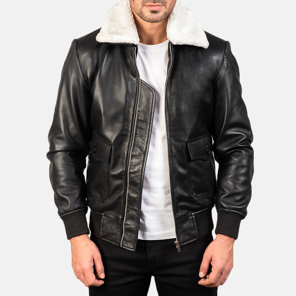 
Airin G-1 Black & White Leather Bomber Jacket in Black Sheepskin Leather - Vooraanzicht & getailleerd silhouet | Online kopen