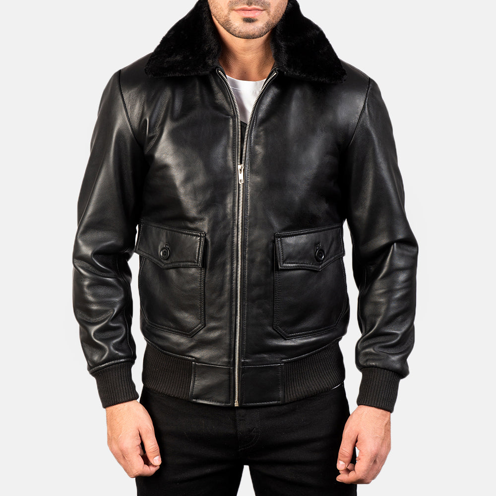 
Detailopname of Shirt with Removable Fur & Zipper Hardware on Airin G-1 Zwart Leren Bomberjack voor Heren