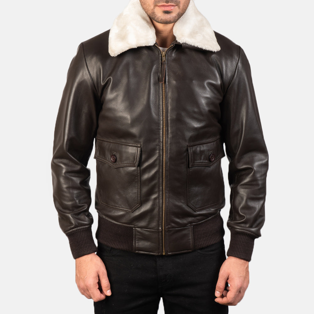 
Detailopname of Shirt with Removable Fur & Zipper Hardware on Airin G-1 Bruin Leren Bomberjack voor Heren