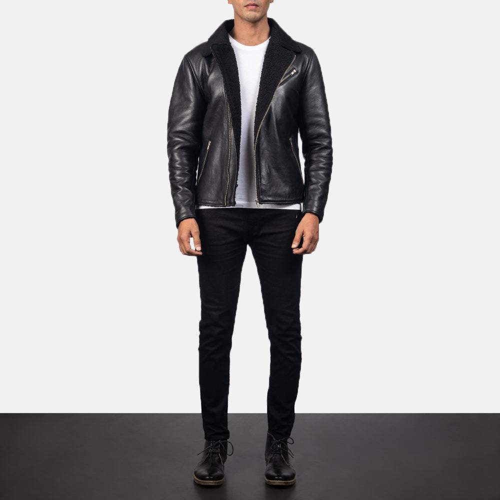 
Detailopname of Notch & Zipper Hardware on Alberto Shearling Zwart Leren Jas voor Heren