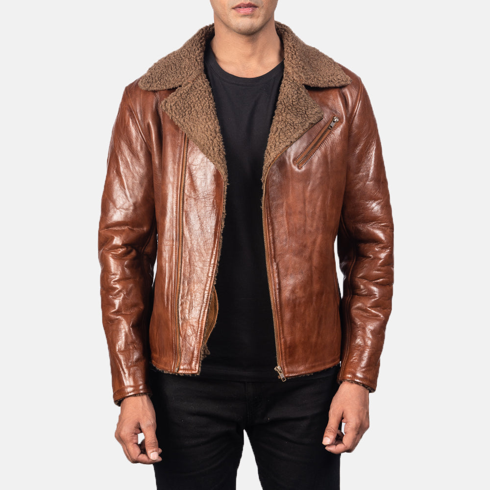 Men's Alberto Shearling Bruin Leren Jas voor Heren in Brown Sheepskin Leather - Front Profile View &amp; Tailored Silhouette | Buy Online