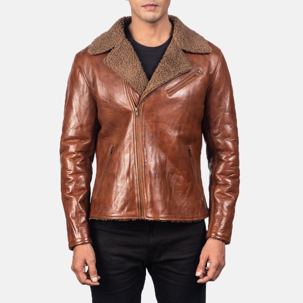 Men's Alberto Shearling Bruin Leren Jas voor Heren - Lateral Side Profile View Showing Sleeve Cut &amp; Athletic Taper Fit