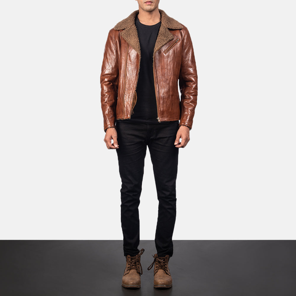 Close-Up Detail of Notch &amp; Zipper Hardware on Men's Alberto Shearling Bruin Leren Jas voor Heren