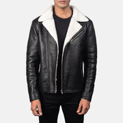 Men's Alberto White Shearling Zwart Leren Jas voor Heren in Black Sheepskin Leather - Front Profile View &amp; Tailored Silhouette | Buy Online