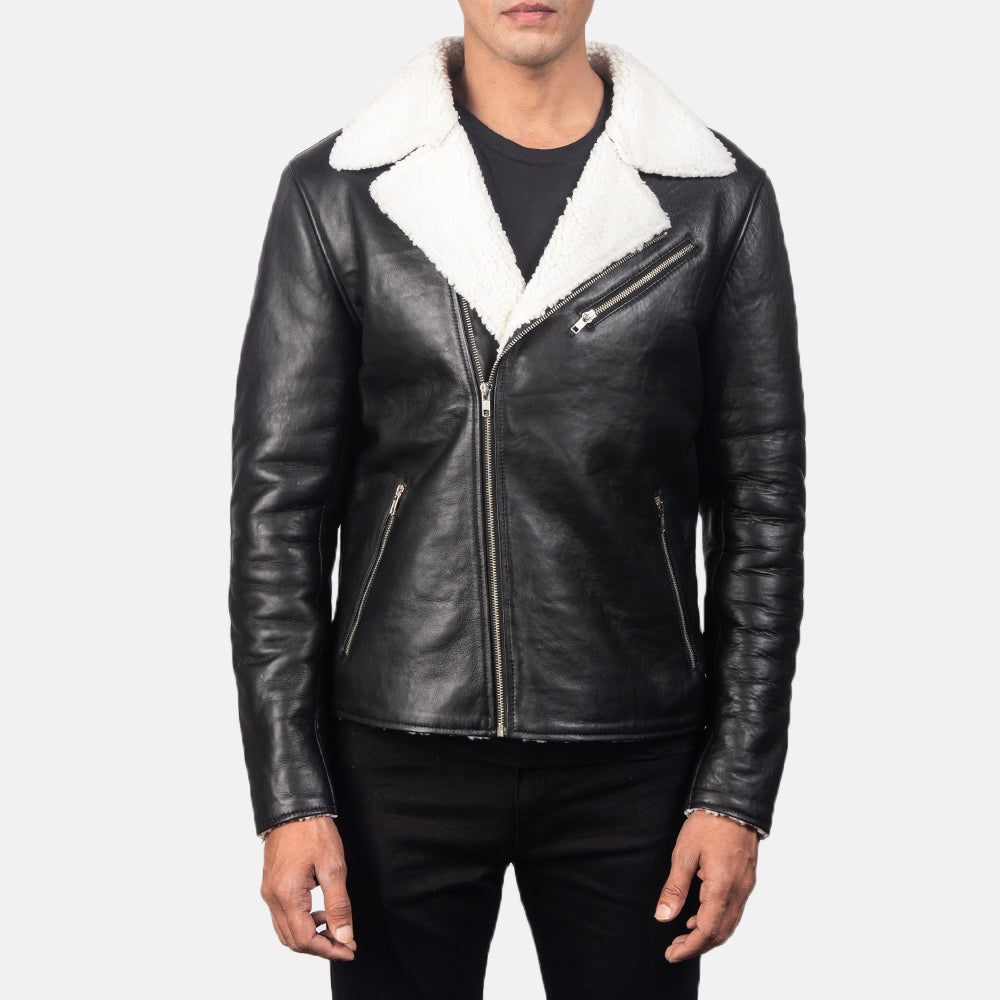 Men's Alberto White Shearling Zwart Leren Jas voor Heren - Lateral Side Profile View Showing Sleeve Cut &amp; Athletic Taper Fit
