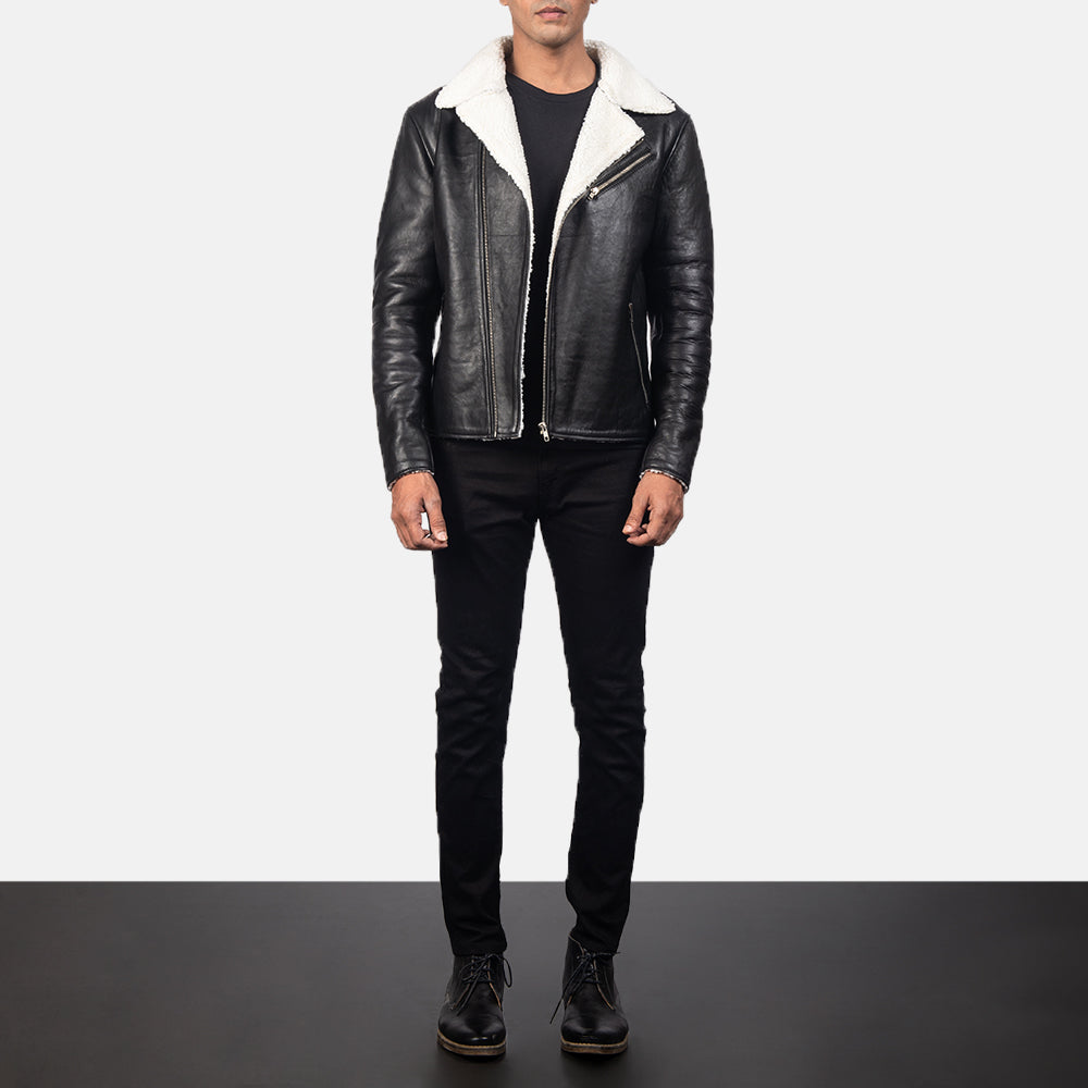 Close-Up Detail of Notch &amp; Zipper Hardware on Men's Alberto White Shearling Zwart Leren Jas voor Heren