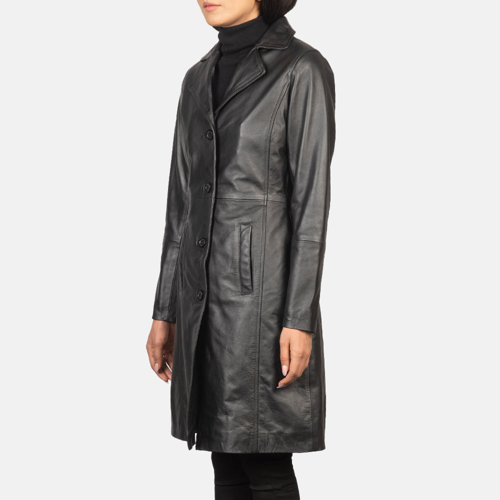 Women's Alexis Zwart Single Breasted Leren Jas voor Dames - Lateral Side Profile View Showing Sleeve Cut &amp; Athletic Taper Fit