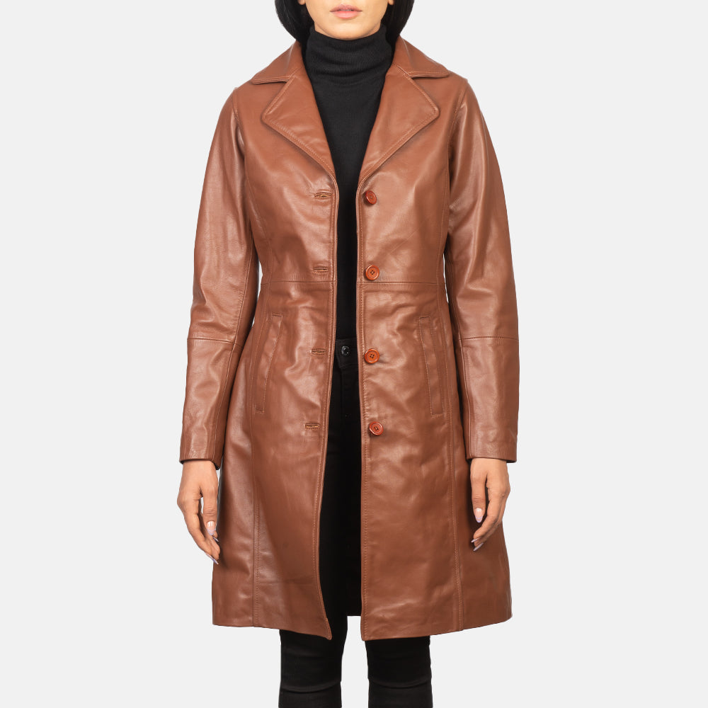 
Alexis Bruin Single Breasted Leren Jas voor Dames in Brown Cowhide Leather - Vooraanzicht & getailleerd silhouet | Online kopen