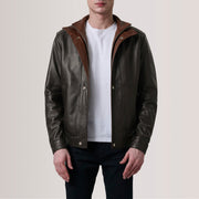 Tailored Rib Cuffs &amp; Hem Craftsmanship Construction Detail on Alfred Brown Leather Bomber Jacket For Men