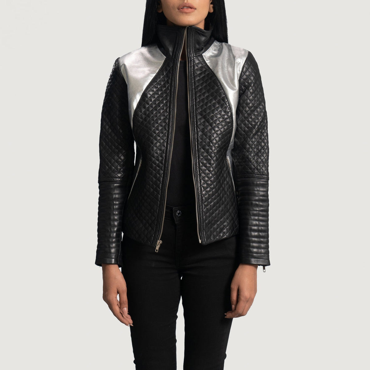 Women's Alia Metallic Zwart Leren Bikerjack voor Dames in Black Sheepskin Leather - Front Profile View &amp; Tailored Silhouette | Buy Online