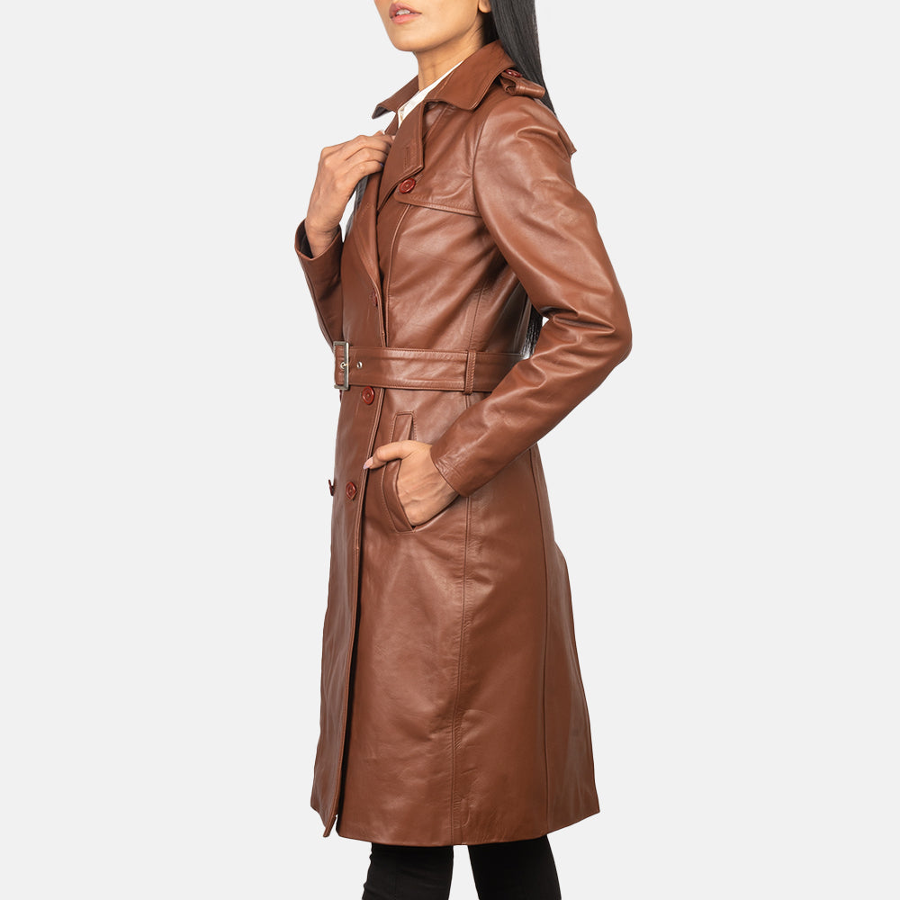 
Detailopname of Notch & Buttons Hardware on Alice Bruin Double Breasted Leren Jas voor Dames