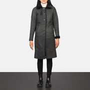 Women's Alina Shearling Zwart Leren Jas voor Dames in Distressed Black Sheepskin Leather - Front Profile View &amp; Tailored Silhouette | Buy Online
