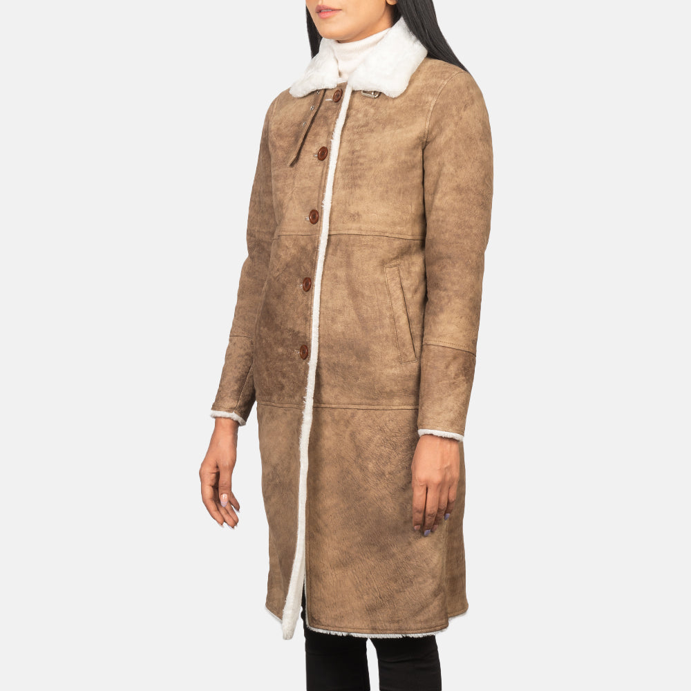 Women's Alina Shearling Bruin Leren Jas voor Dames in Distressed Brown Sheepskin Leather - Front Profile View &amp; Tailored Silhouette | Buy Online