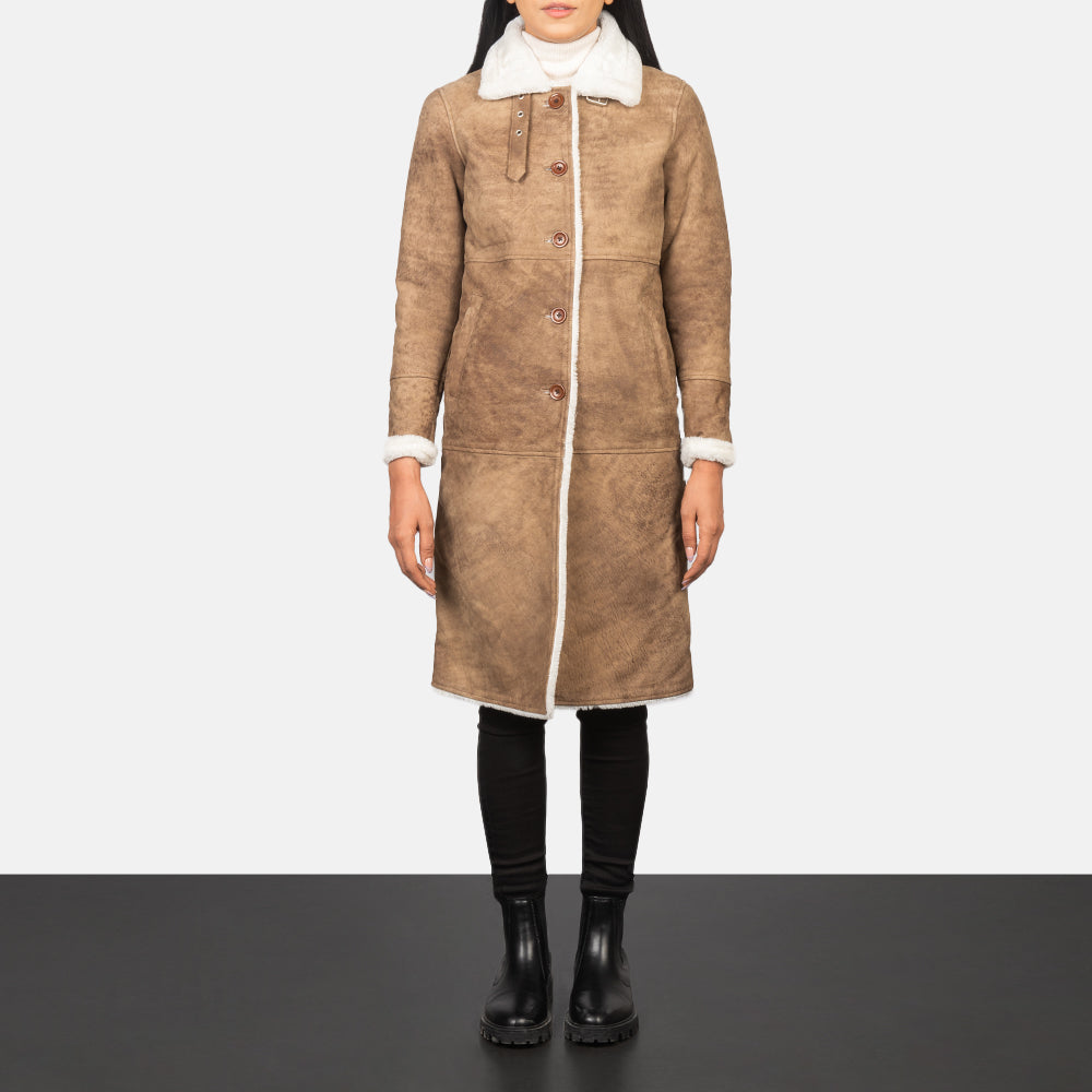 Women's Alina Shearling Bruin Leren Jas voor Dames - Lateral Side Profile View Showing Sleeve Cut &amp; Athletic Taper Fit