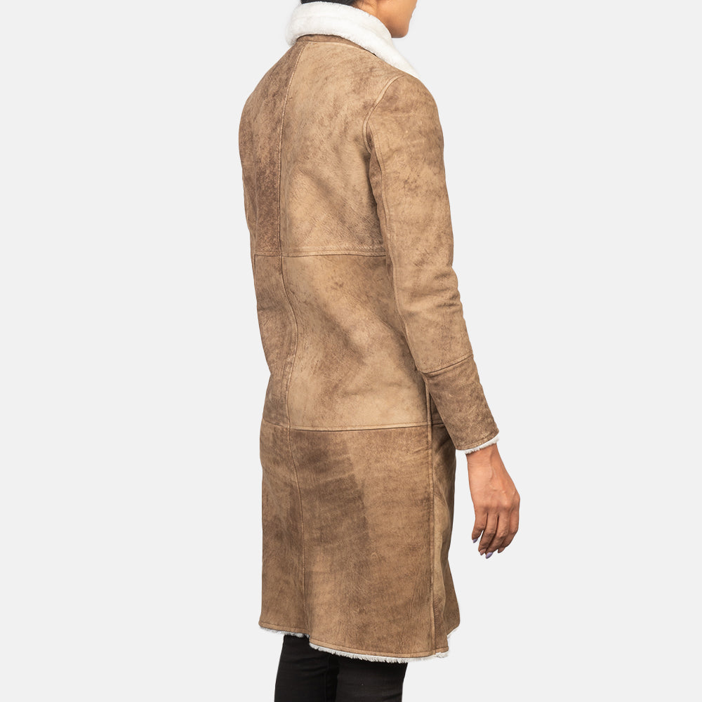 Close-Up Detail of Buckled Collar & Button Hardware on Women's Alina Shearling Brown Leather Coat