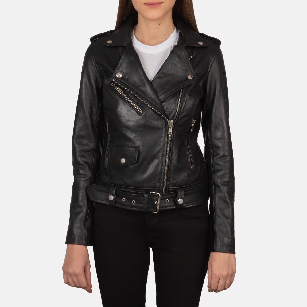 Women's Alison Zwart Leren Bikerjack voor Dames in Black Cowhide Leather - Front Profile View &amp; Tailored Silhouette | Buy Online