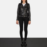 Women's Alison Zwart Leren Bikerjack voor Dames - Lateral Side Profile View Showing Sleeve Cut &amp; Athletic Taper Fit