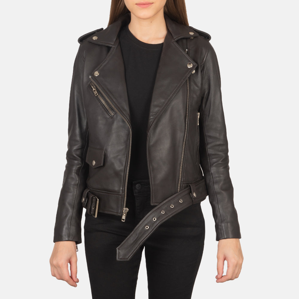 Women's Alison Bruin Leren Bikerjack voor Dames in Brown Sheepskin Leather - Front Profile View &amp; Tailored Silhouette | Buy Online