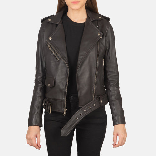 Women's Alison Brown Leather Biker Jacket in Brown Sheepskin Leather - Front Profile View & Tailored Silhouette | Buy Online