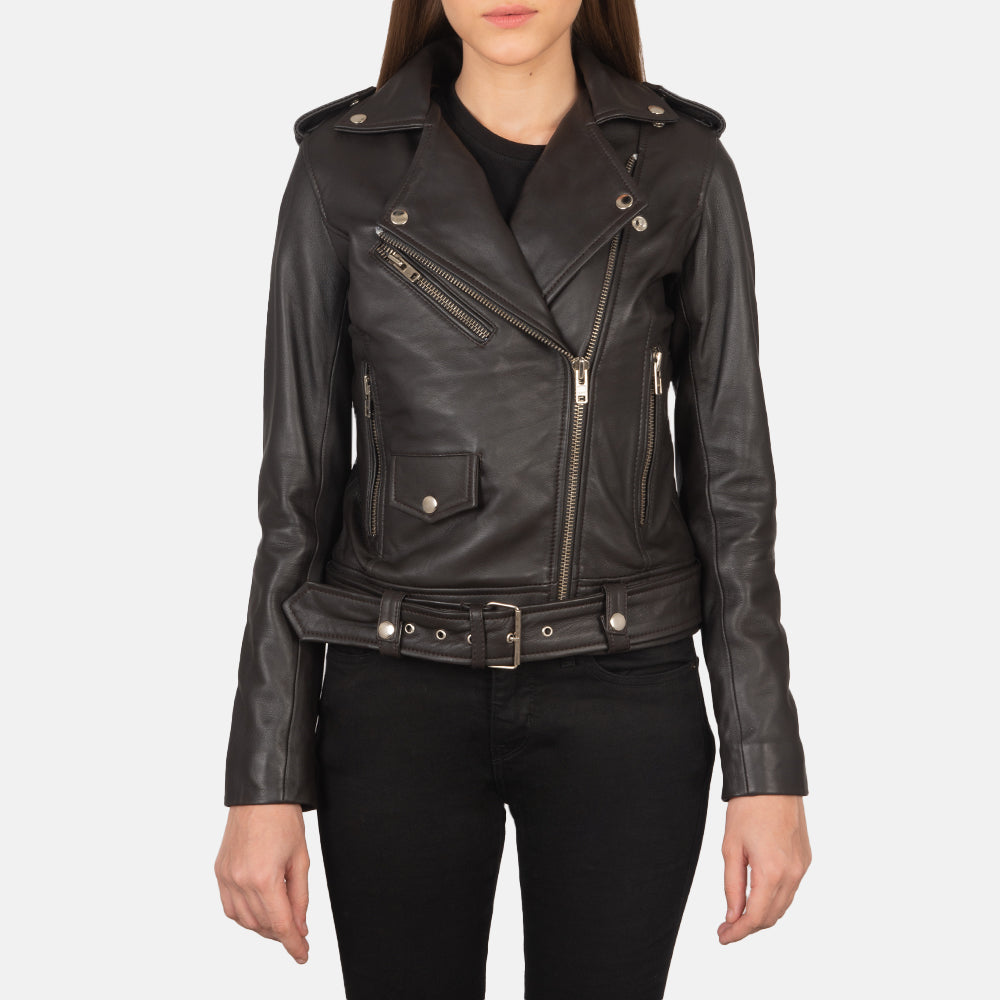 Close-Up Detail of Notch &amp; Zipper Hardware on Women's Alison Bruin Leren Bikerjack voor Dames