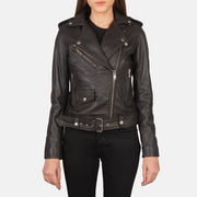 Close-Up Detail of Notch &amp; Zipper Hardware on Women's Alison Bruin Leren Bikerjack voor Dames