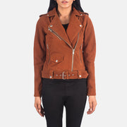 
Alison Bruin Suede Leren Bikerjack voor Dames in Brown Goatskin Suede - Vooraanzicht & getailleerd silhouet | Online kopen