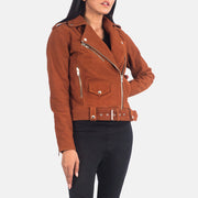 
Detailopname of Notch & Zipper Hardware on Alison Bruin Suede Leren Bikerjack voor Dames