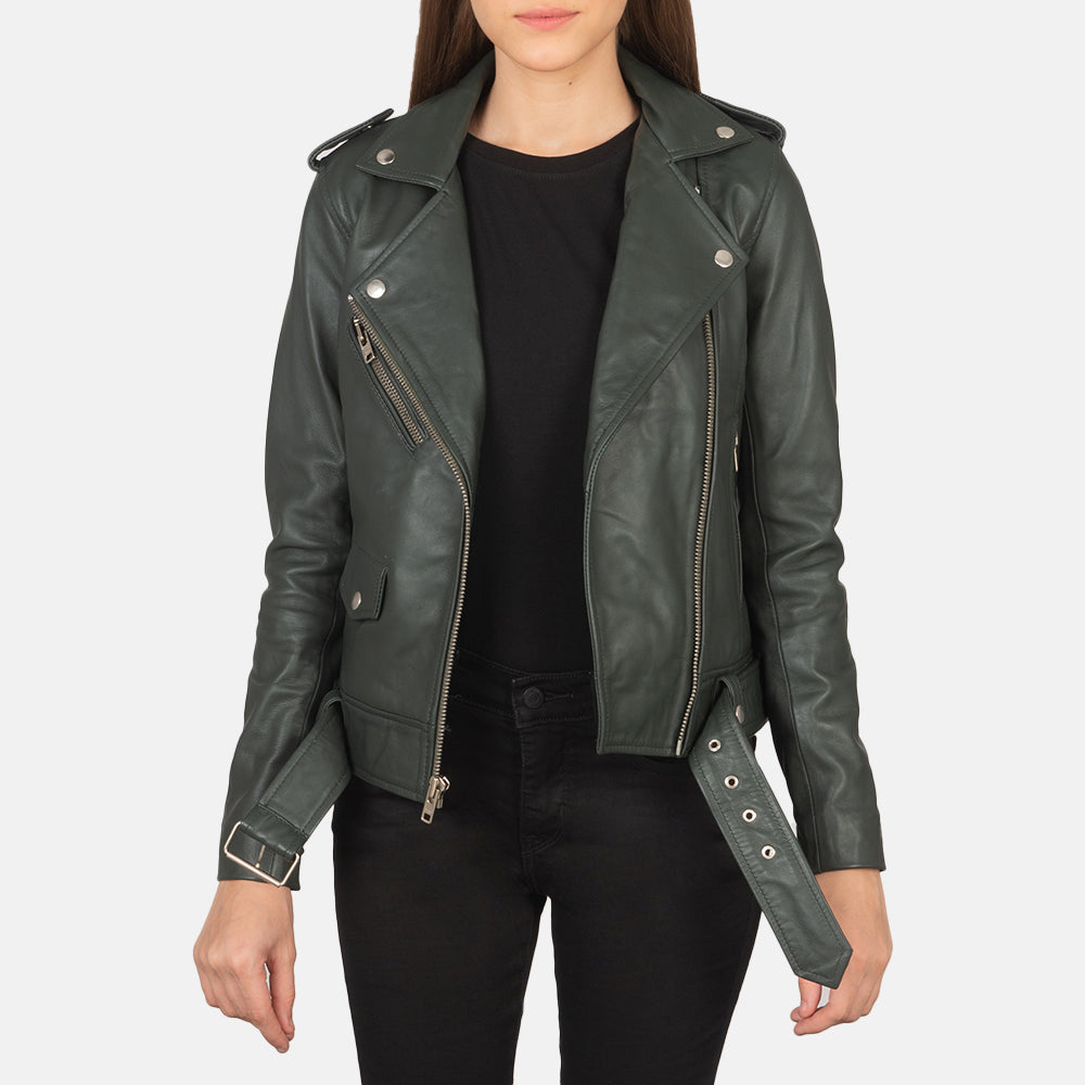 Women's Alison Groen Leren Bikerjack voor Dames in Green Sheepskin Leather - Front Profile View &amp; Tailored Silhouette | Buy Online